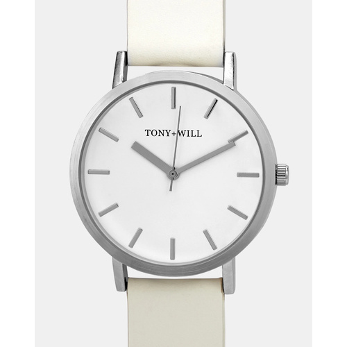 TONY AND WILL CLASSIC SILVER CASE, WHITE DIAL, WHITE LEATHER WATCH