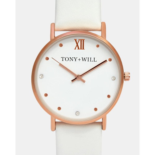 TONY & WILL JEWEL WHITE LEATHER AND ROSE GOLD WATCH