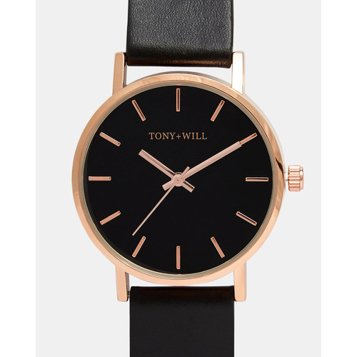TONY AND WILL SMALL CLASSIC ROSE GOLD, BLACK DIAL, BLACK LEATHER WATCH