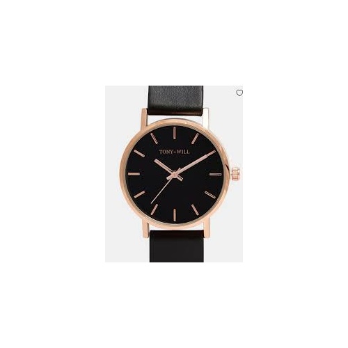 TONY & WILL SMALL CLASSIC SHINY RG/BLK/BLK LEATHER WATCH