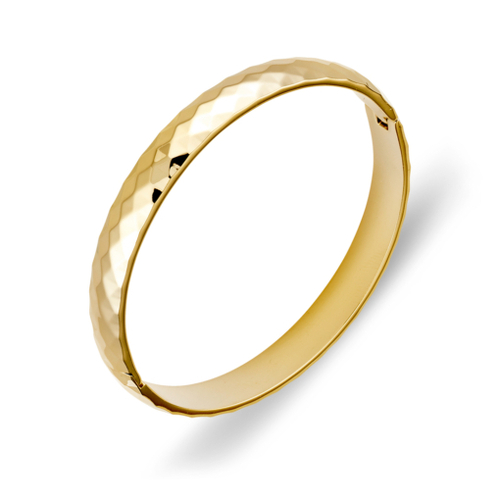 Indulge Stainless steel gold plated hammered diamond pattern flat bangle with hinge