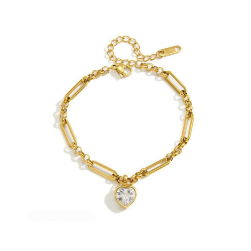Indulge Stainless Steel Gold Plated Mixed Link Bracelet with Bezel Set CZ Heart