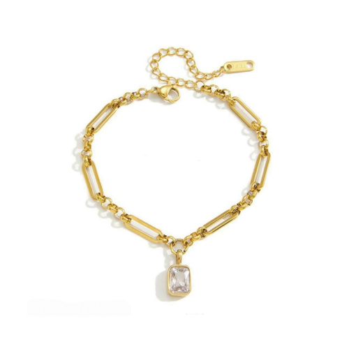 Indulge Stainless Steel Gold Plated Mixed Link Bracelet with Bezel Set Oblong CZ