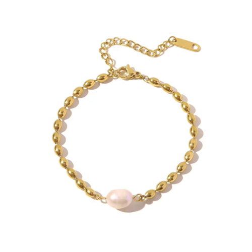 Indulge Stainless Steel Gold Plated Delicate Bead Bracelet with Baroque-style Pearl
