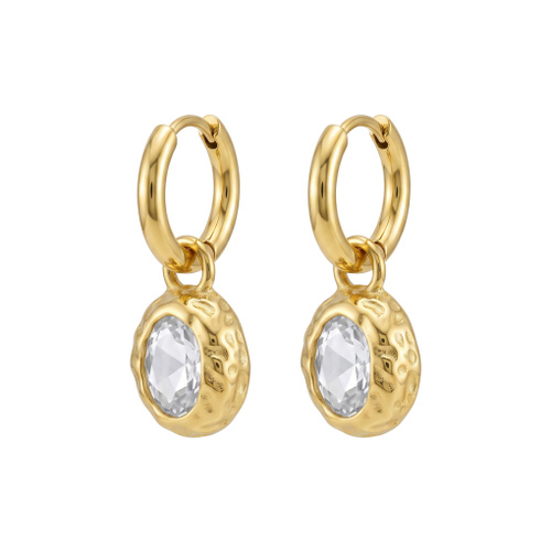 Indulge Stainless Steel 18k Gold Plated White CZ Oval Drop Hoop Earrings