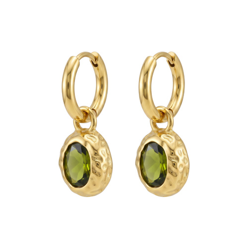 Indulge Stainless Steel 18k Gold Plated Green CZ Oval Drop Hoop Earrings