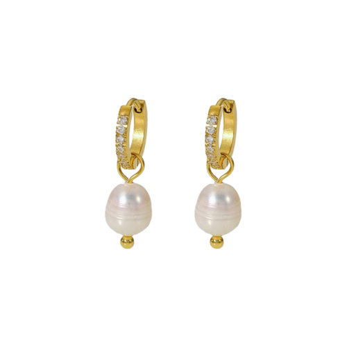 Indulge Stainless Steel Gold Plated CZ Mini Huggie Earrings with Pearl Drop