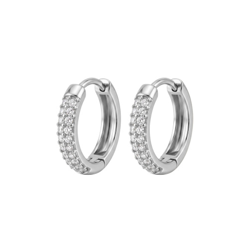 Indulge Stainless Steel with Platinum PVD Plating 3MM Cubic Zirconia Set Hoop Earrings