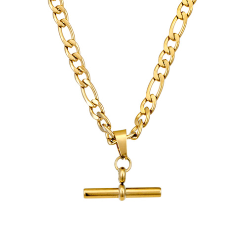 Indulge Stainless Steel Gold Plated Figaro Chain Fob Necklace with T-bar Pendant