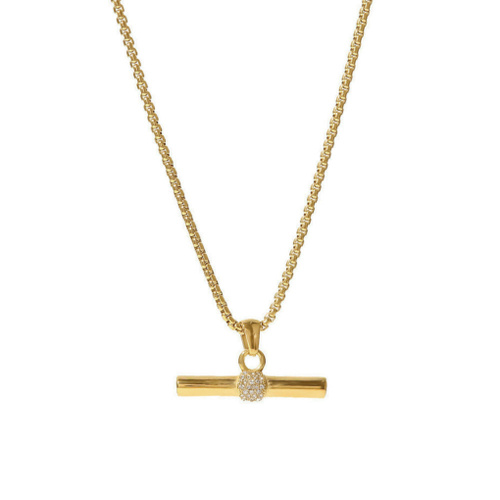 Indulge Stainless Steel Gold Plated CZ T-bar Pendant Necklace