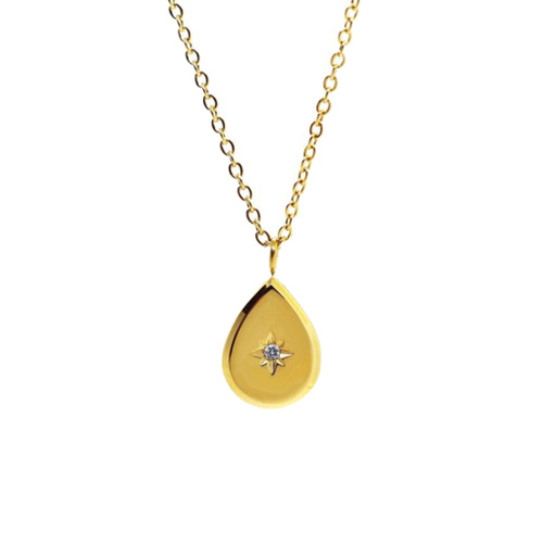 Indulge Stainless Steel Gold Plated North Star CZ Teardrop Pendant Necklace